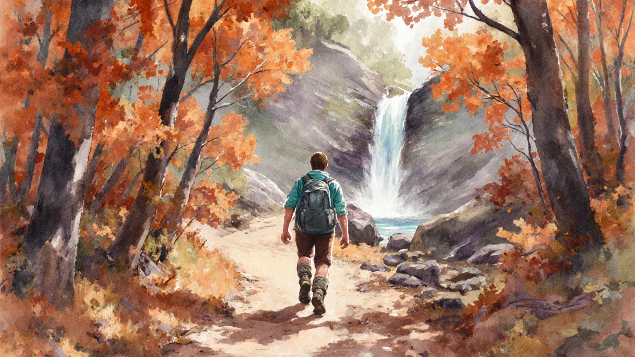 A lone hiker walking a leaf‑covered trail in Yarra Ranges during autumn.