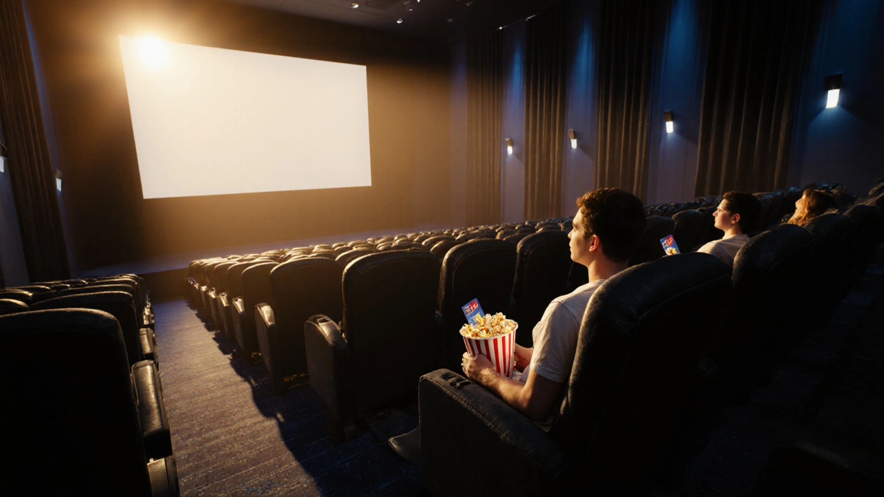 A lone viewer enjoys a matinee in a sunlit, empty theater.