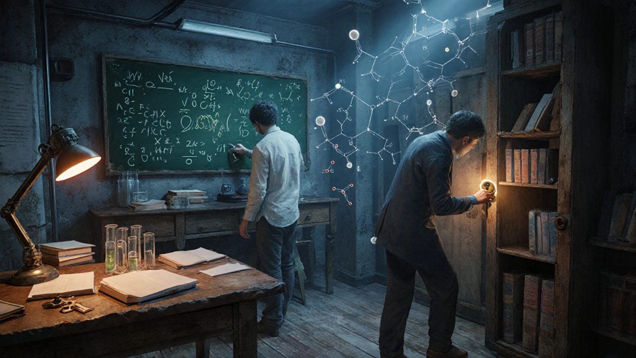 A pair collaborating in a science lab escape room, one decoding clues while the other retrieves a hidden key.