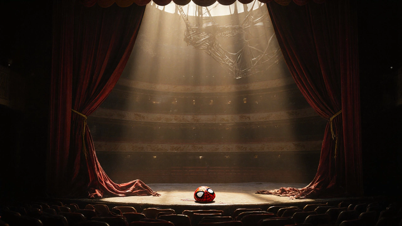 An empty Broadway theater at dawn with a lone Spider-Man mask on stage and dismantled flying rigs in shadows.