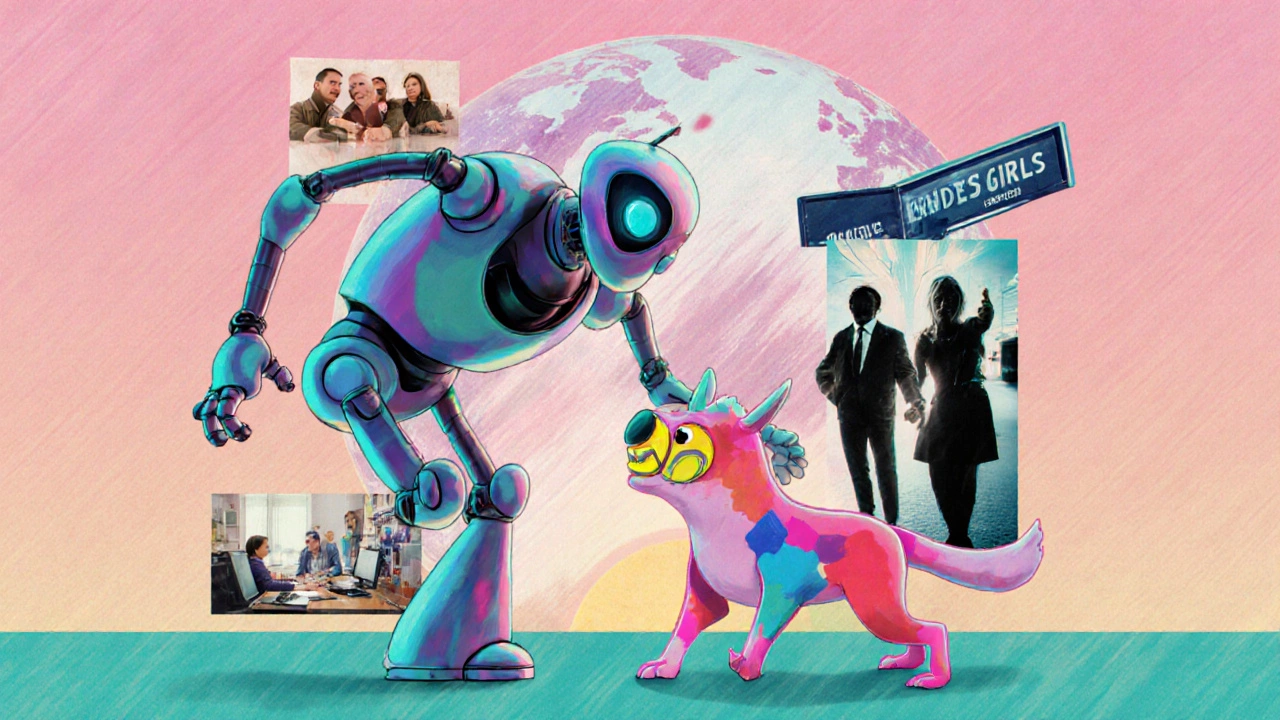 Artistic collage of animated robot, fantasy creature, and global comedy symbols in pastel sunrise tones.