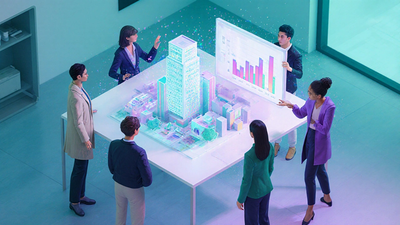 Avatars collaborating in a virtual office with a 3D whiteboard, model, and data chart.