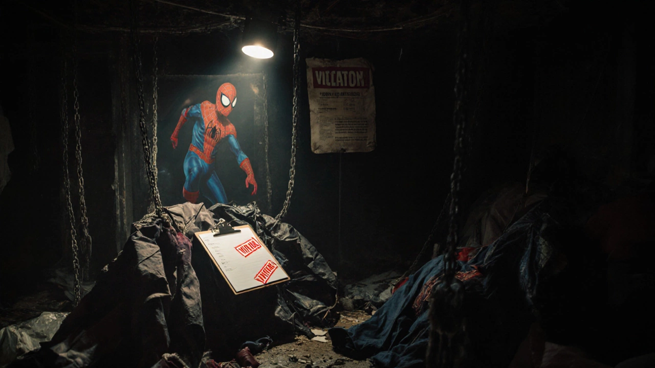 Backstage with broken rigging and safety violation notices amid discarded costumes and dim lighting.