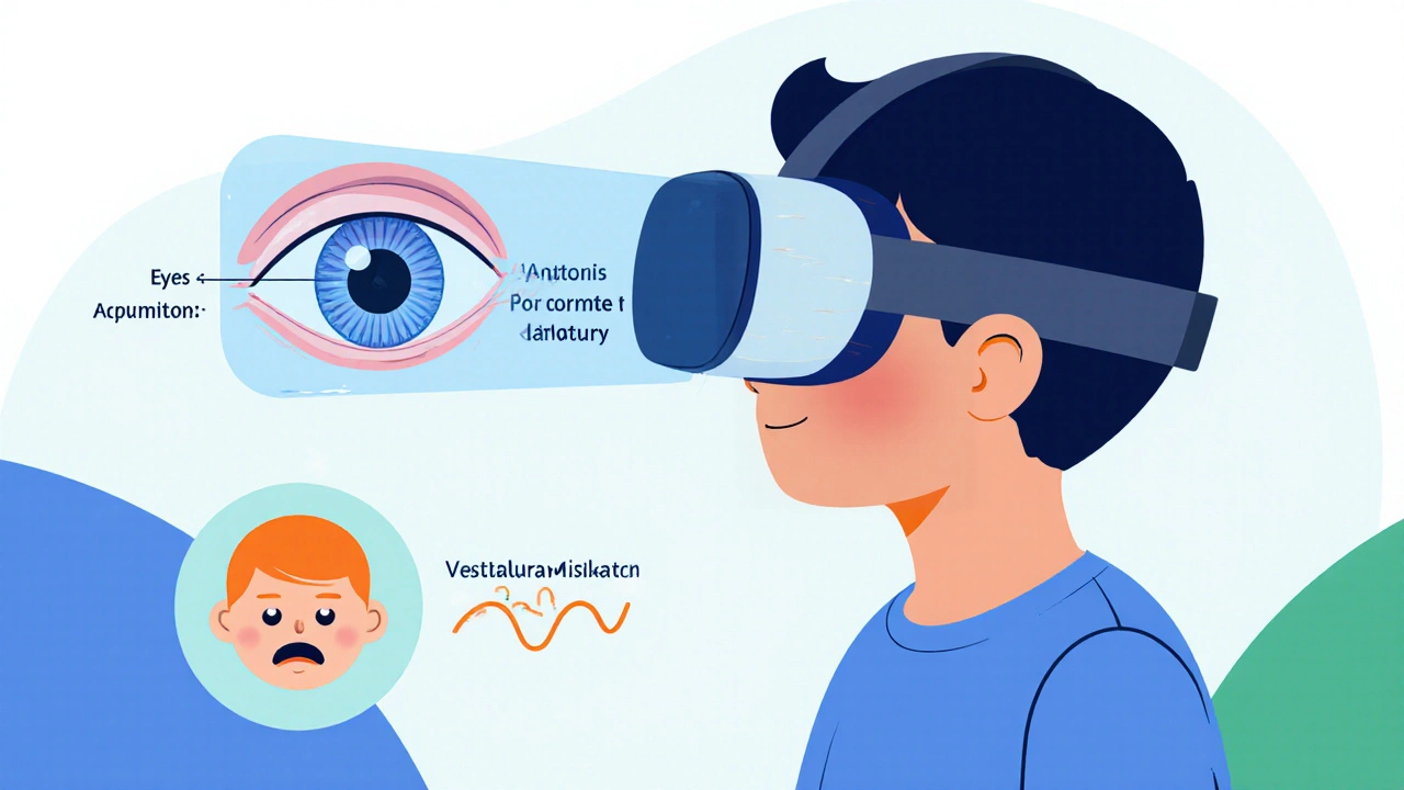 Child wearing VR headset with eye diagram and motion‑sickness icons overlay.