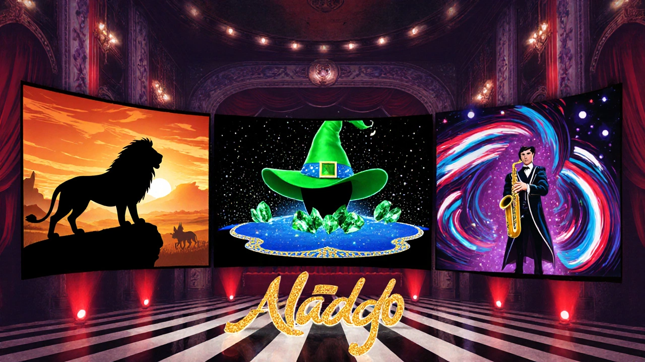 Collage of five Broadway shows: Lion King, Wicked, Hamilton, Aladdin, and Chicago in vivid panels.