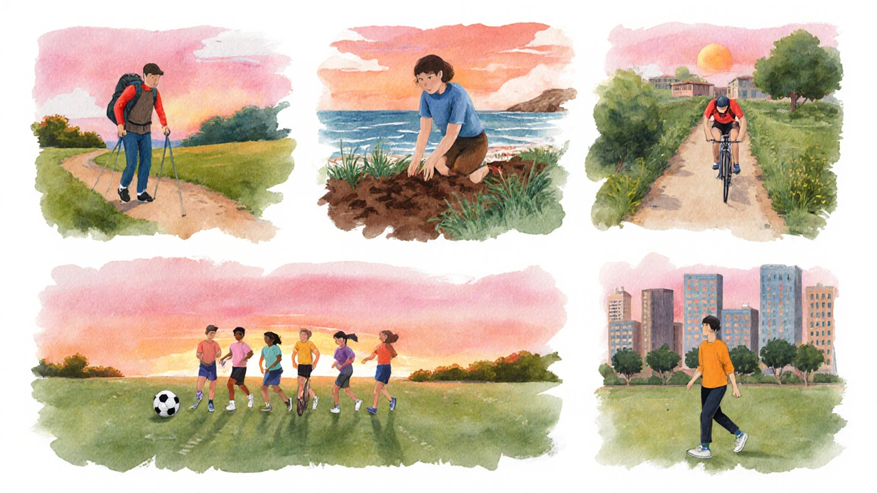 Collage of hiking, gardening, cycling, soccer, and walking under sunrise.