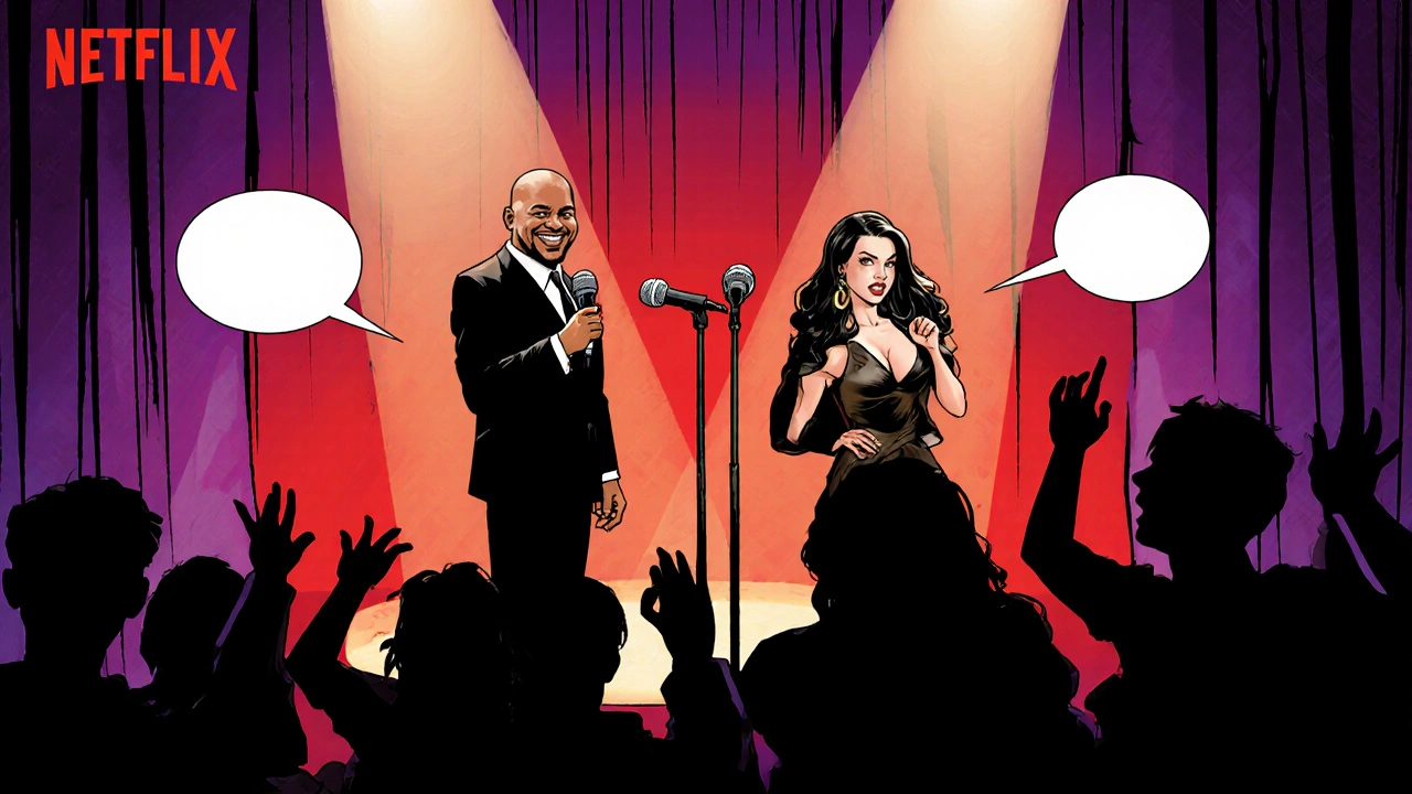 Comic‑book illustration of two stand‑up comedians on a vibrant stage with cheering audience.