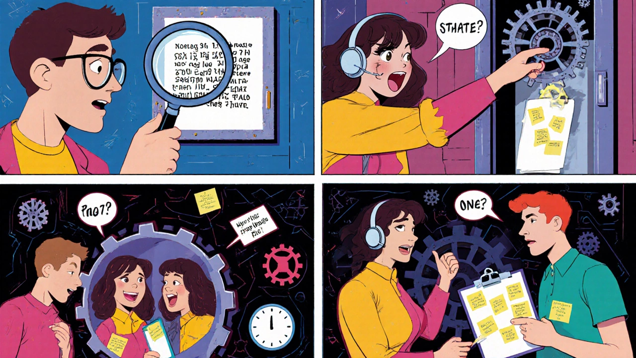 Comic panels showing four team members solving a cipher, hidden compartment, communicating, and organizing clues.