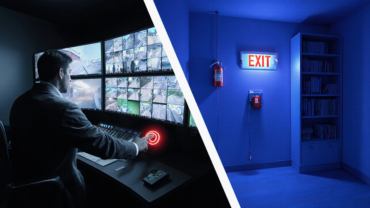 Control room monitor shows game master; interior displays emergency exit sign and pull‑cord.