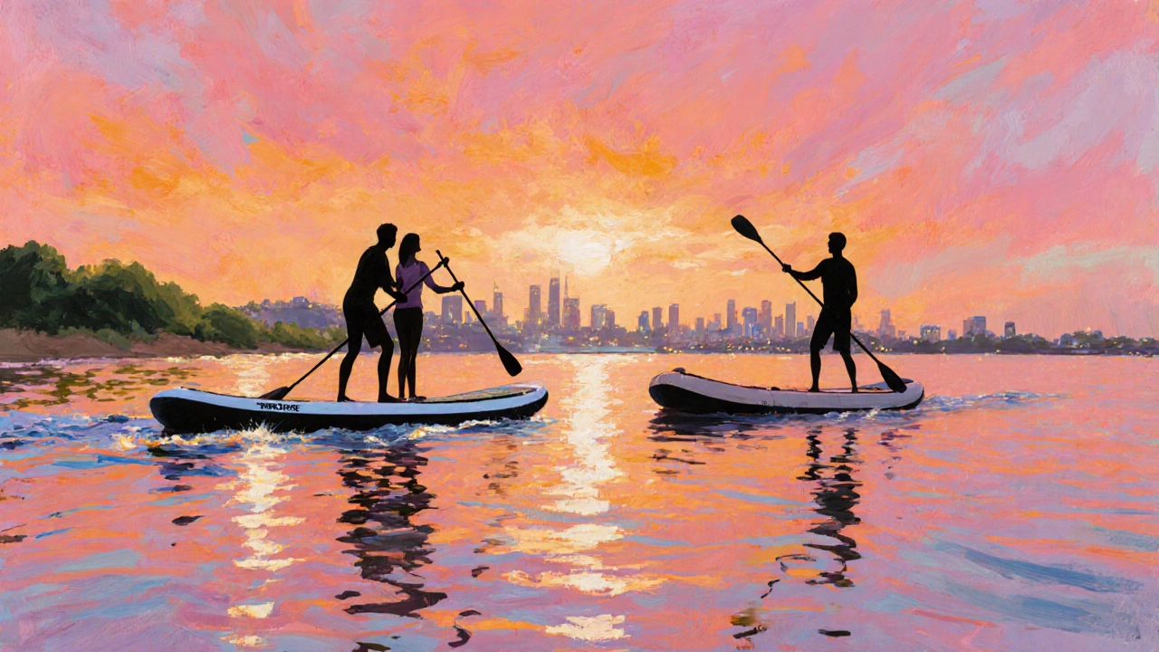 Couples paddleboarding at sunset on calm bay with colorful sky.