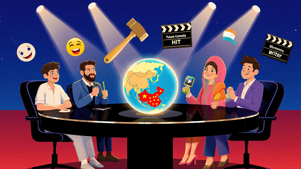 Creative meeting around a globe with comedy symbols, streaming icons, and a clapperboard for a future hit.