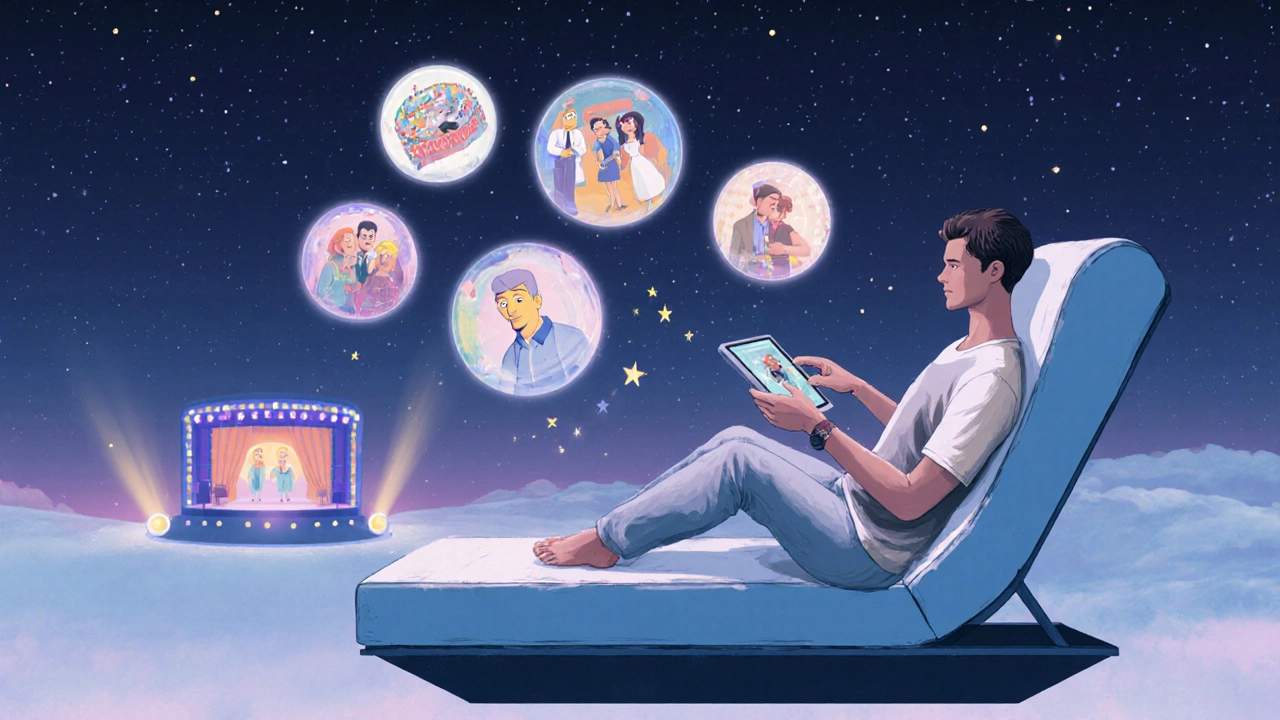 Dreamy scene of a viewer holding a tablet with glowing orbs representing top sitcoms under a night sky.