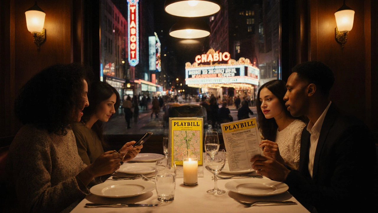 Friends having dinner before a Broadway show, checking a checklist and subway map.