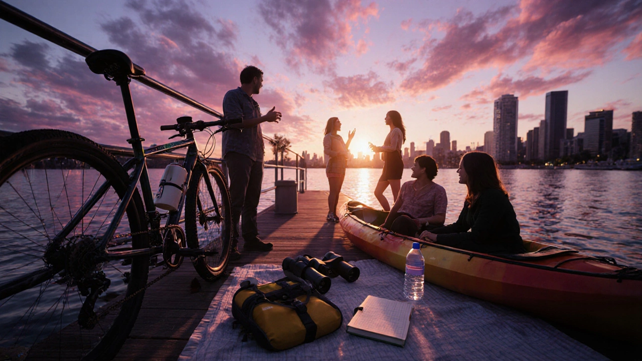 Friends relaxing at sunset on a Melbourne waterfront after a day of outdoor activities.