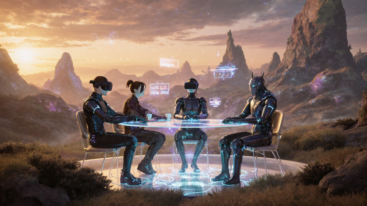 Future social VR meetup with avatars in haptic suits within an AI‑generated landscape.