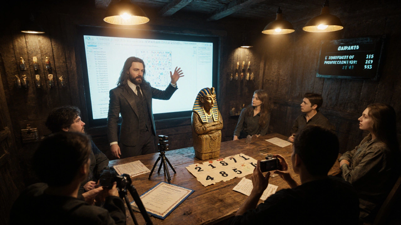 Game Master explains the solution while players review clues during the debrief.