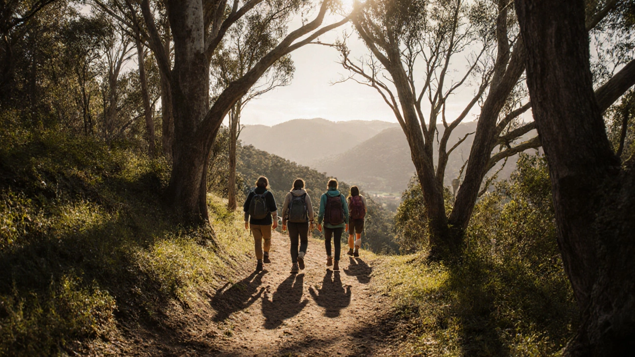 Group hiking a short trail in eucalyptus forest with sunrise light.