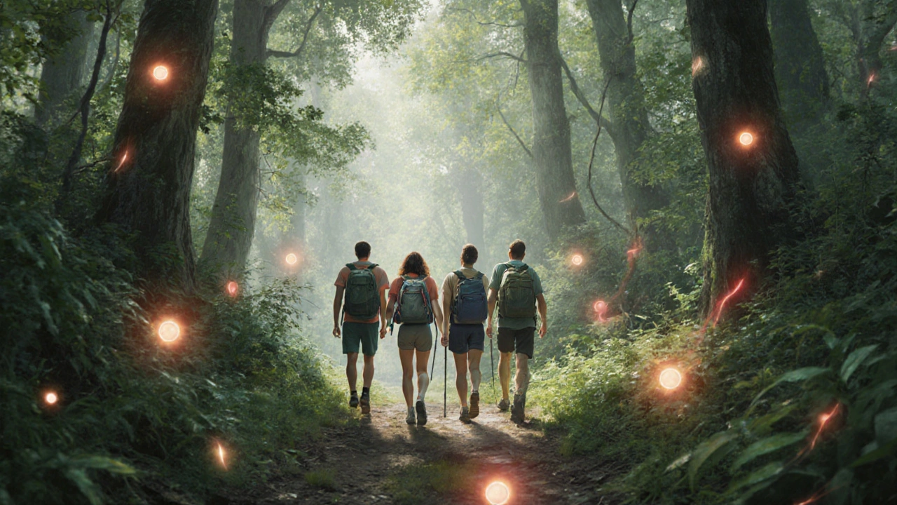 Group hiking in a forest with glowing orbs symbolizing serotonin.