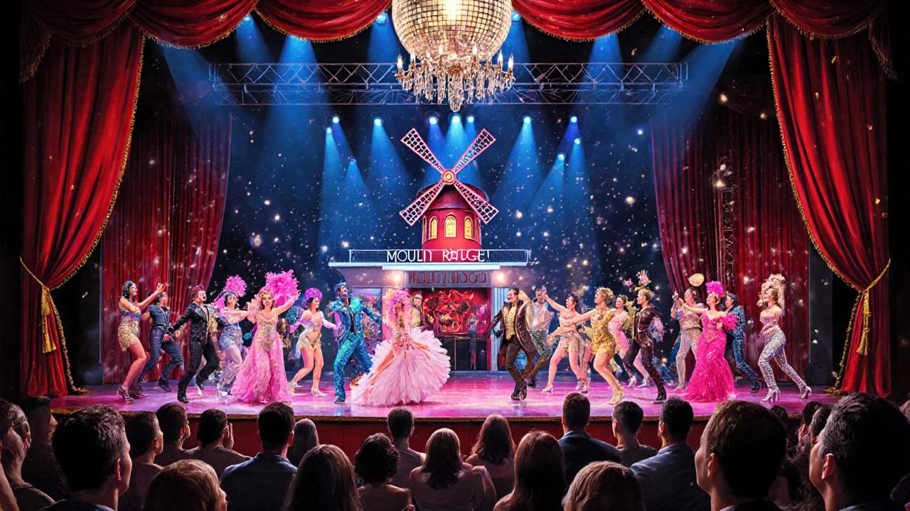 Moulin Rouge! musical stage with dazzling costumes, red curtains, and a packed audience.