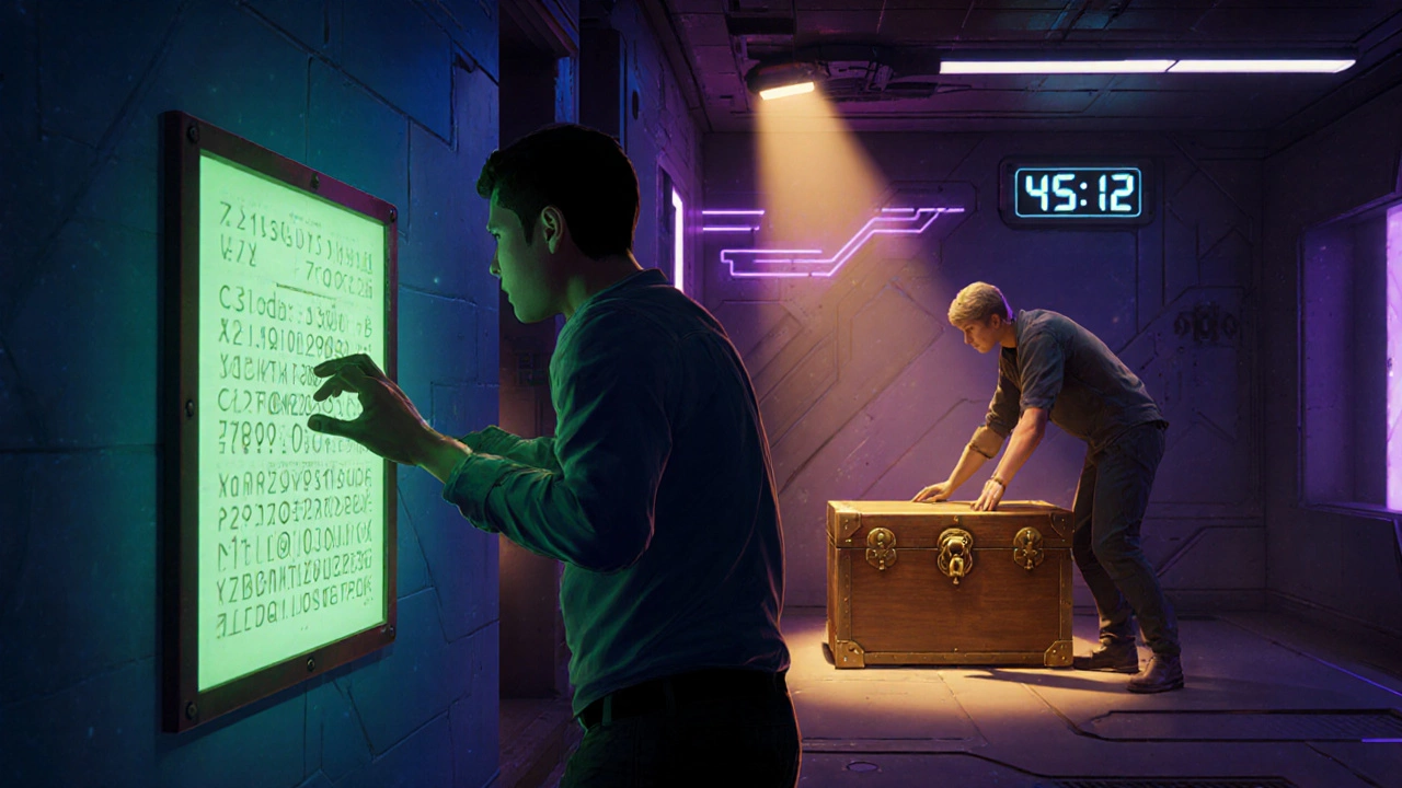 Players solve a cipher, lock a chest, and explore a sci‑fi area with a timer showing 45 minutes.