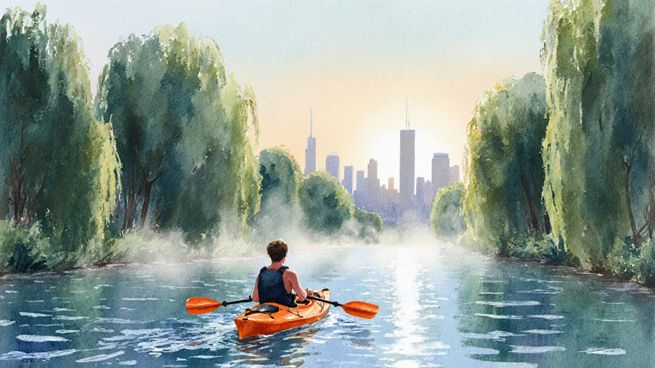 Solo kayaker paddling on calm Yarra River with sunrise glow.