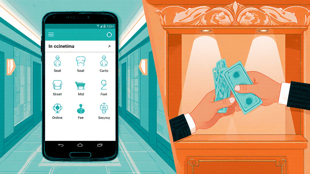 Split illustration showing a phone app for tickets and cash at the box office.