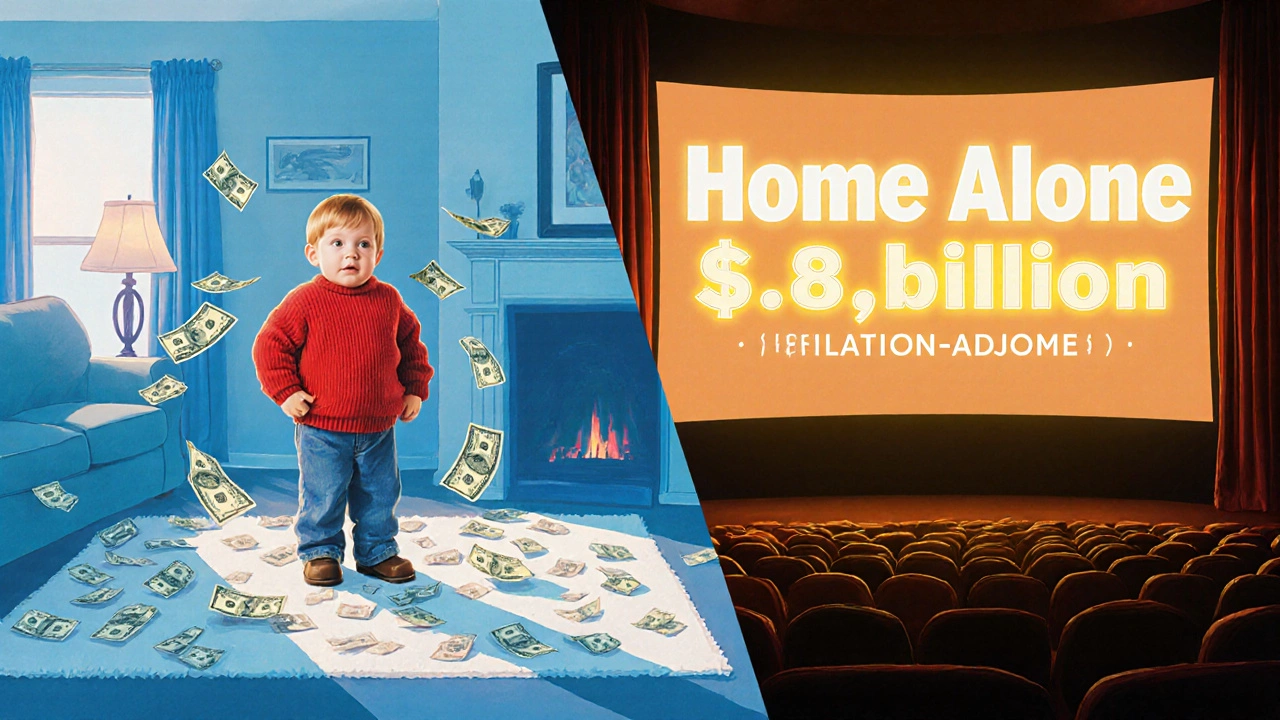 Split‑scene poster showing a Home Alone kid with floating money and a modern cinema screen highlighting inflation‑adjusted earnings.