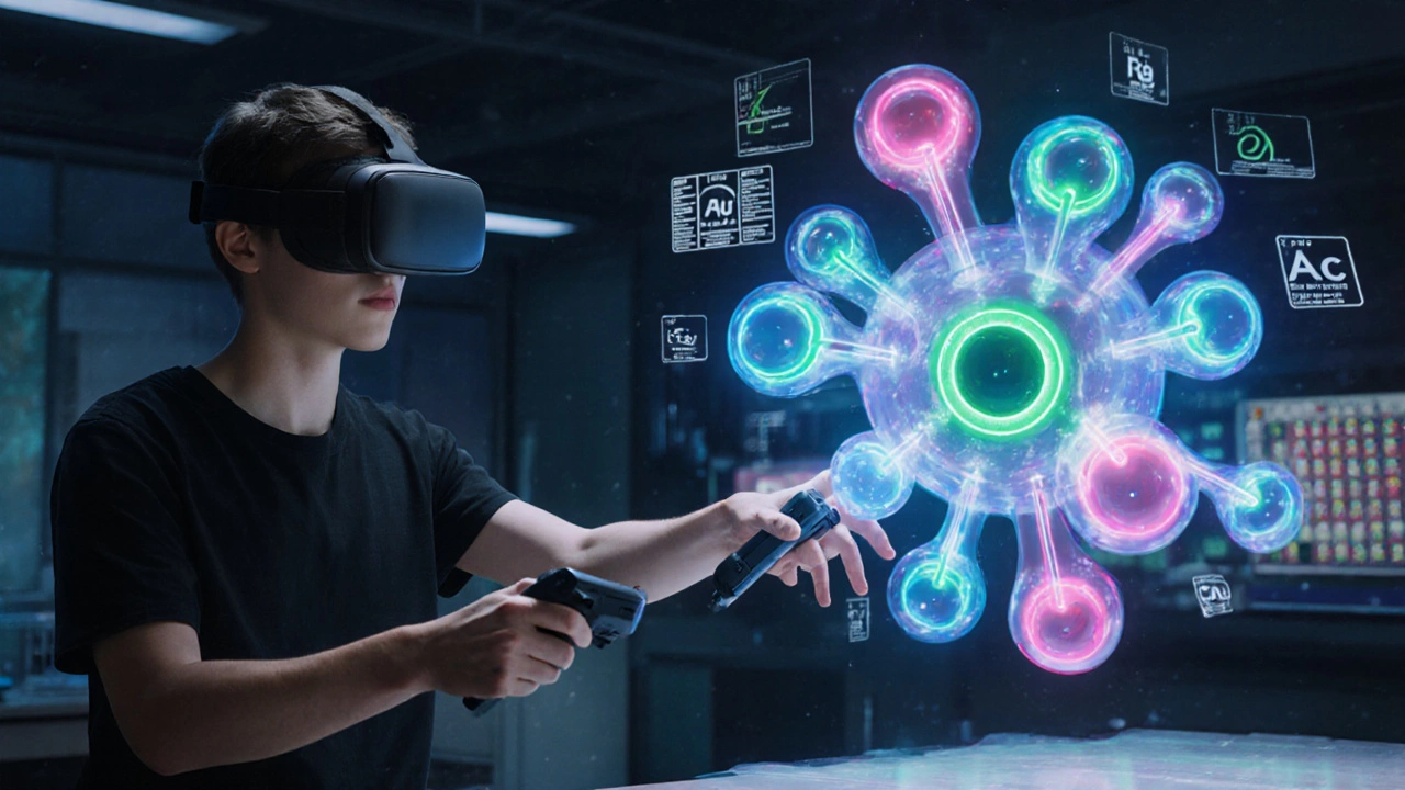 Student inside a glowing 3D molecule, manipulating atoms with VR controllers.