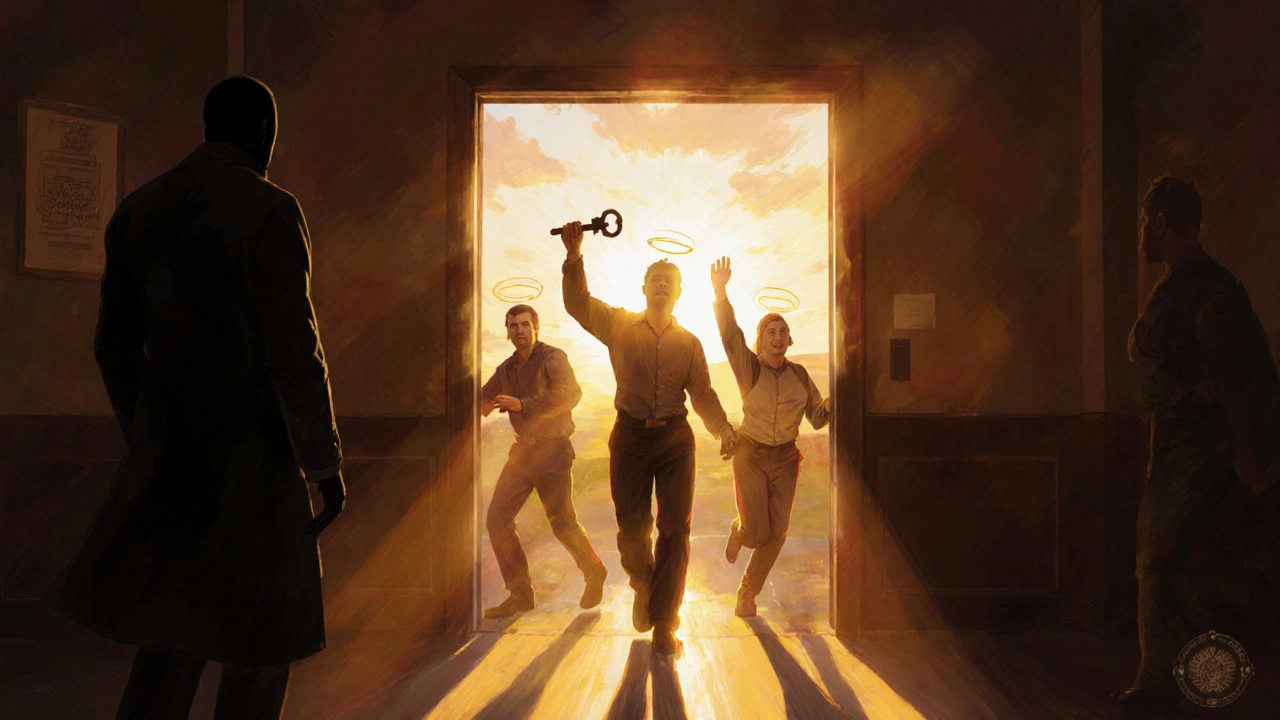 Team exiting an escape room triumphantly, holding a key as sunrise light floods the doorway.