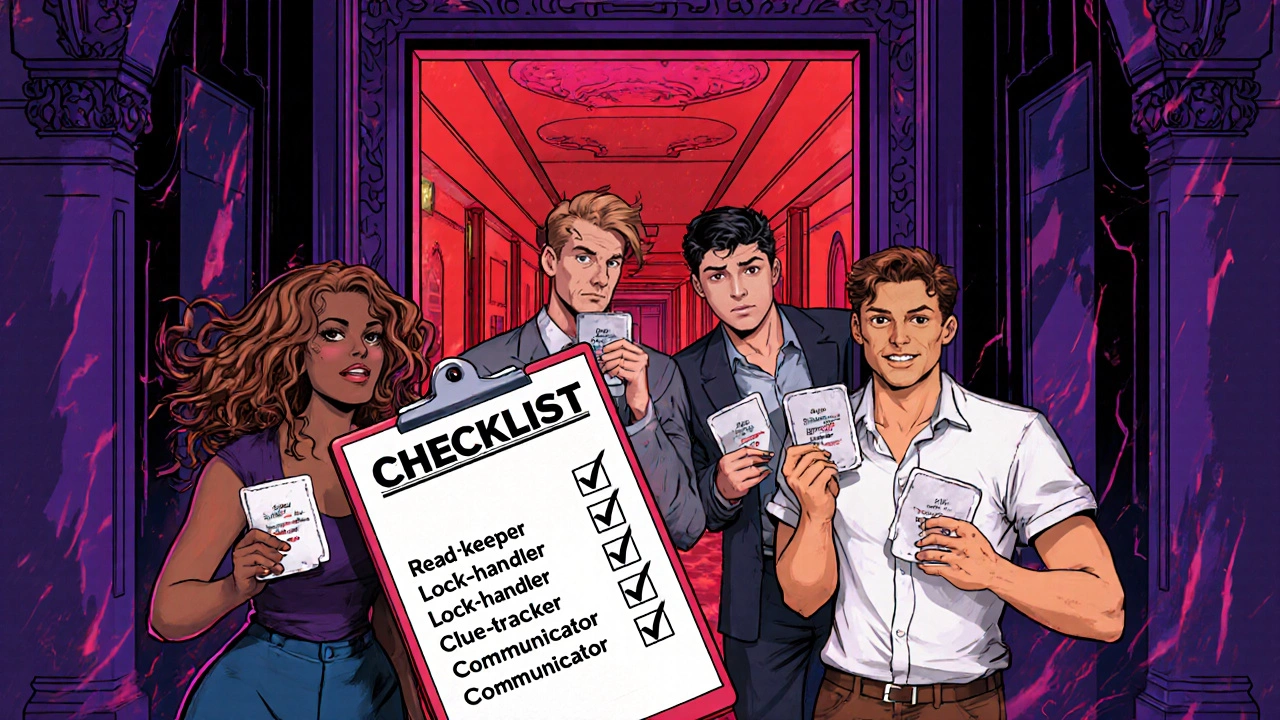 Team reviews a checklist and assigns roles before entering the escape room.