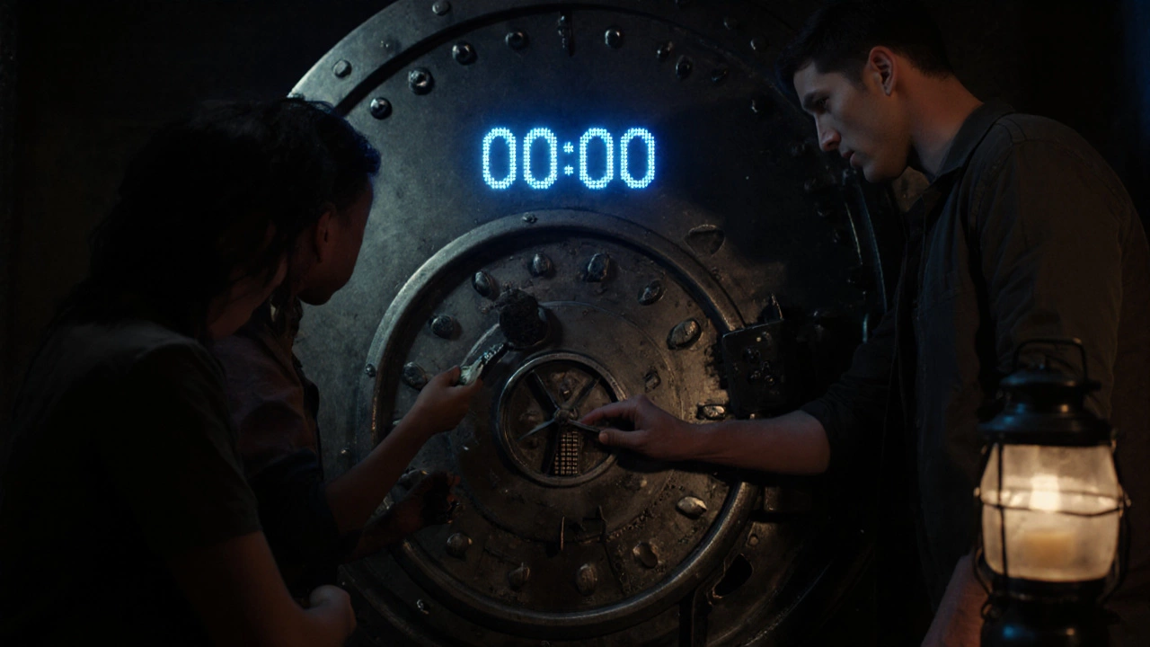 Team working together on a large vault door as a countdown timer glows in the background.