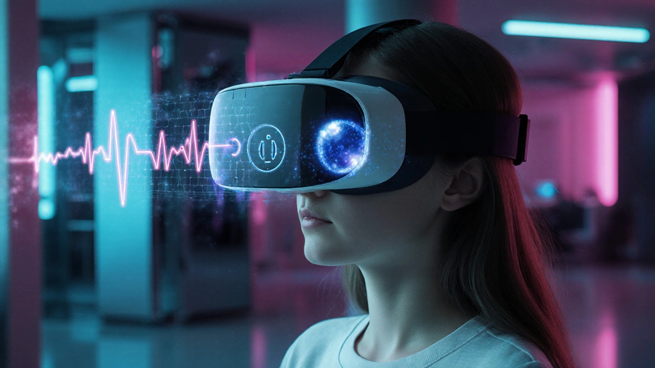 Teen using futuristic VR headset with holographic health and motion cues.