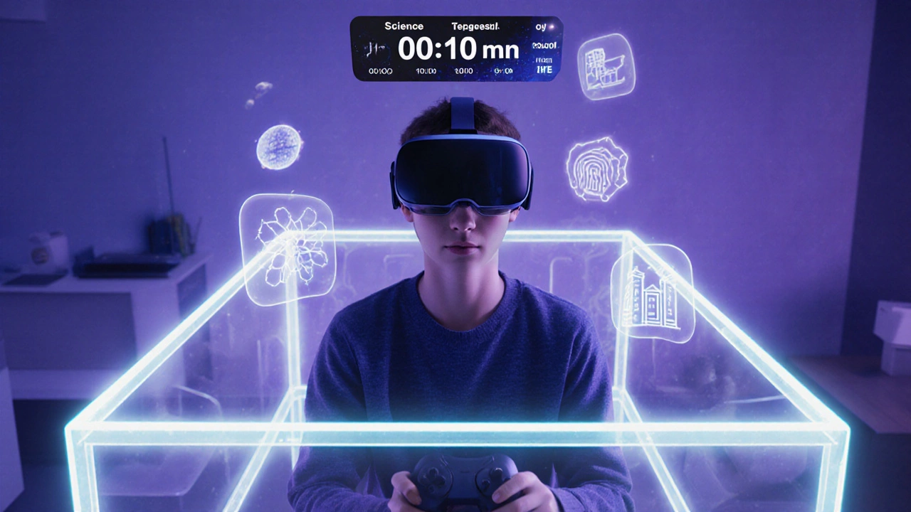 Teen using VR in a safe play zone with glowing boundaries and timer.