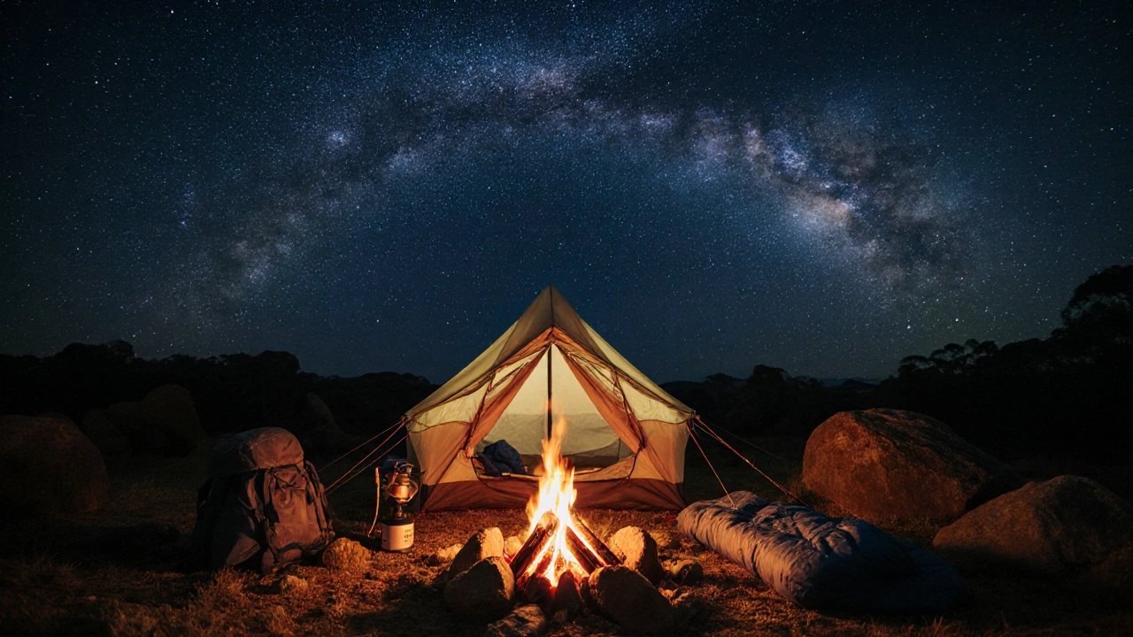 Tent by a campfire under a starry Milky Way sky in Grampians.