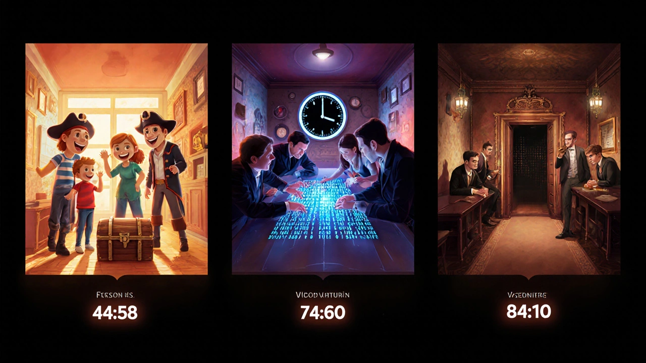 Three vignettes: family pirate room, corporate AI heist, and immersive London mystery.