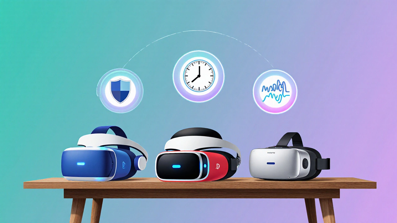 Three VR headsets on a table with floating safety icons.