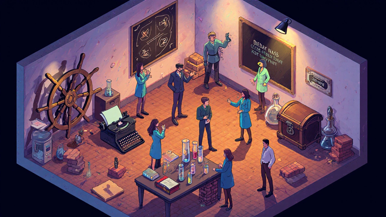 Top‑down view of teammates scanning a themed escape room filled with clues and props.