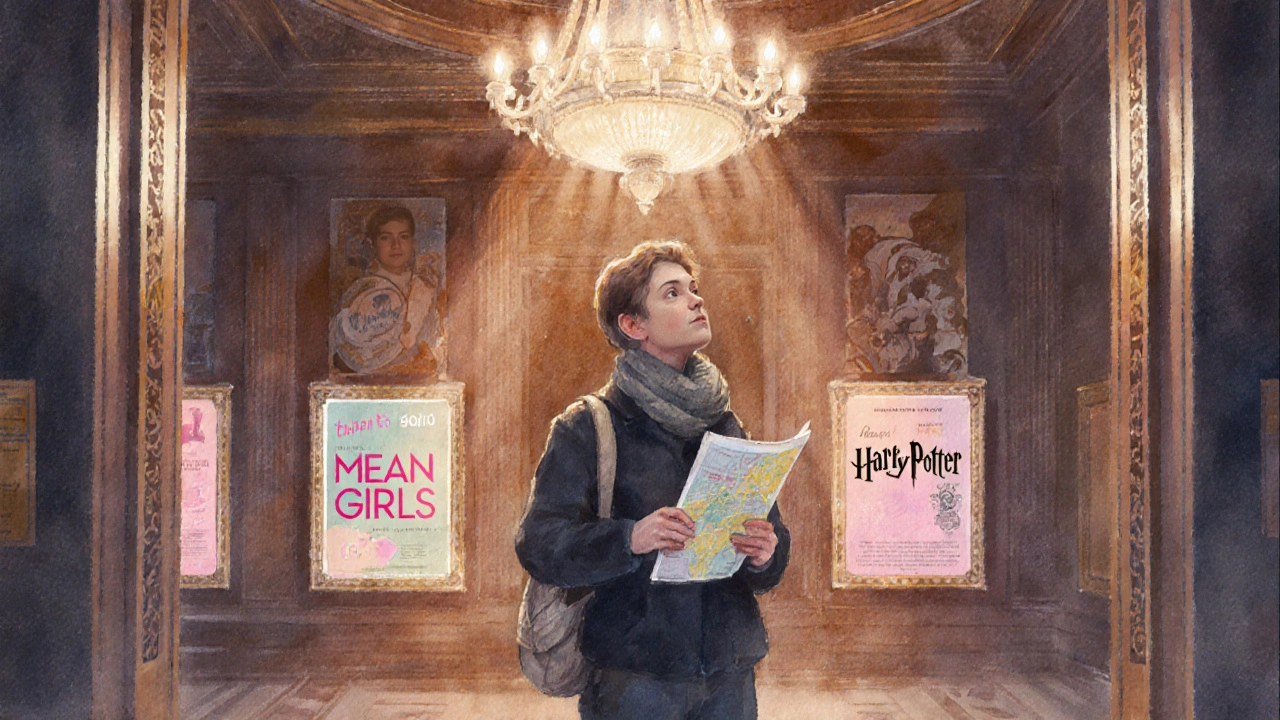 Tourist in a Broadway lobby holding a program, pastel watercolor style with upcoming show posters.