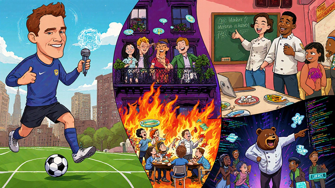 Vibrant illustration showing five sitcom scenes: soccer coach, NYC apartment, classroom, kitchen, and game studio.