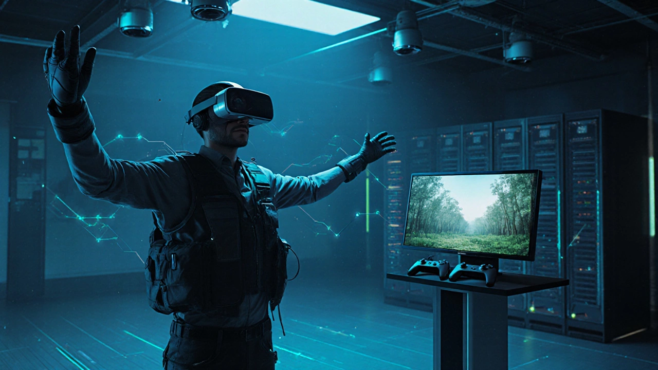 VR lab with motion‑tracking cameras, haptic suit, and a headset displaying a forest scene.
