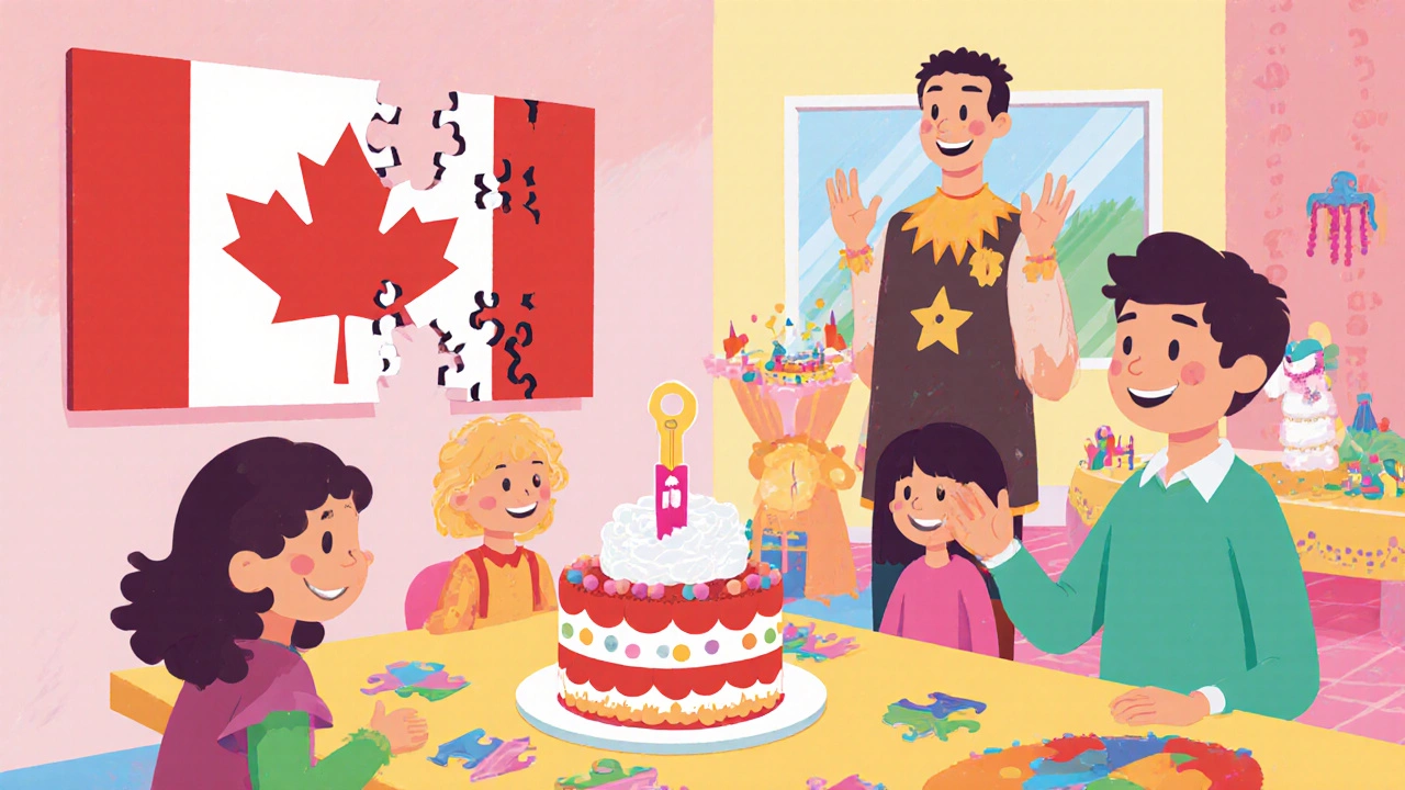 A cheerful family solves a birthday-themed puzzle with a cake and jigsaw as a game master watches.