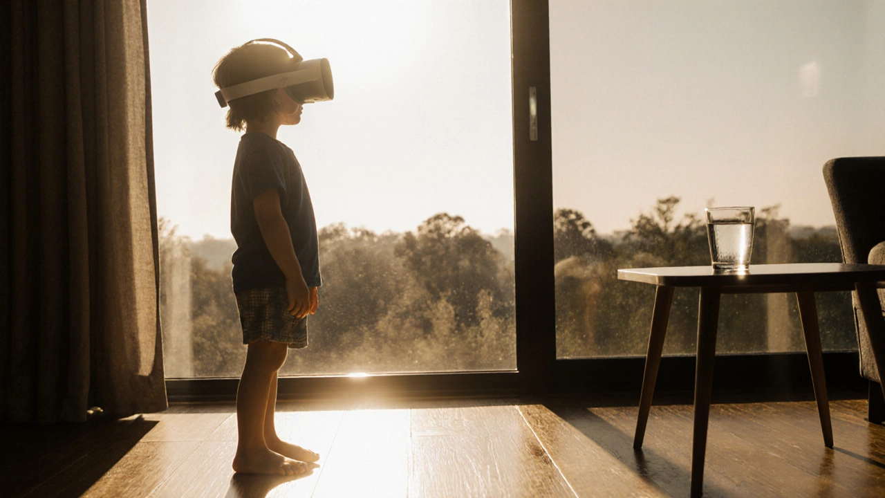 A child looking out a window after a VR session, headset resting on a table nearby.