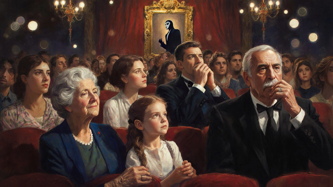 A diverse audience in awe, watching The Phantom of the Opera on stage, tears and wonder on their faces.