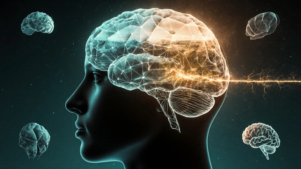 A glowing brain with one side showing virtual landscapes and the other real neural paths, connected by golden light.