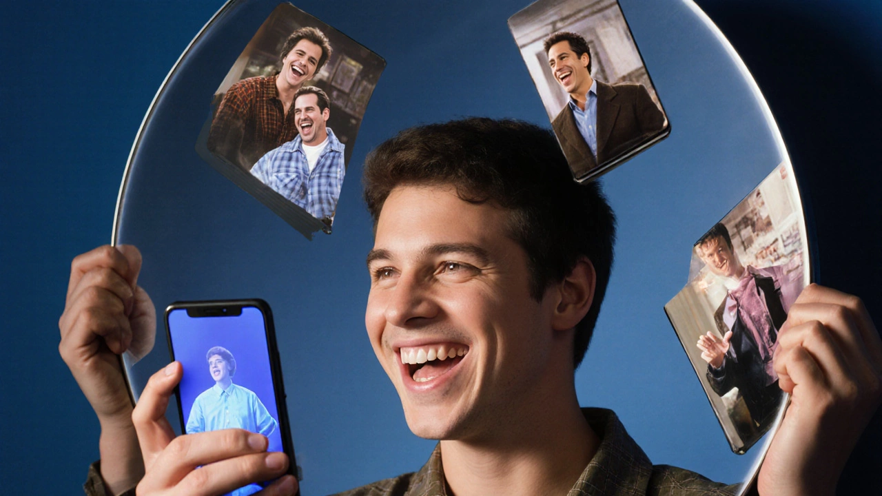 A modern teen laughing at a phone while Seinfeld moments float around a mirror, blending past and present comedy culture.