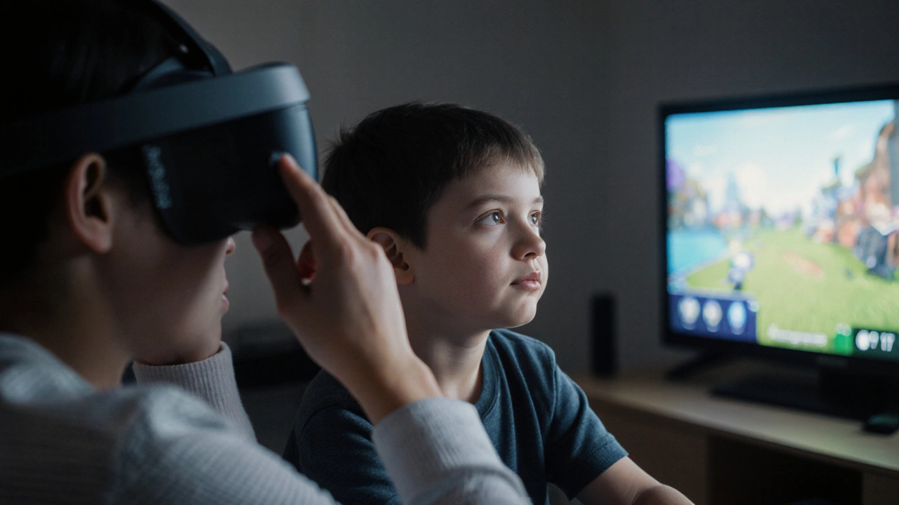 A parent adjusting VR headset lenses for a child, both focused on the screen in a calm room.