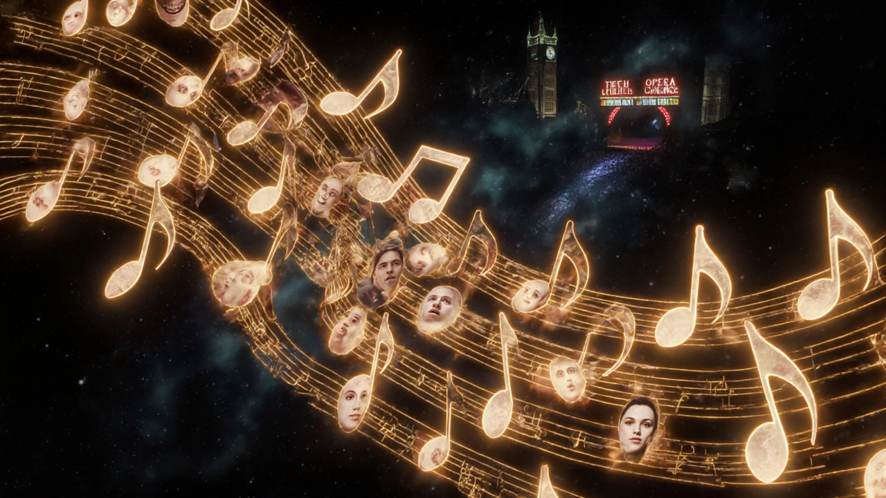 A spectral musical score made of faces, representing millions who saw the show, with theaters glowing in the distance.