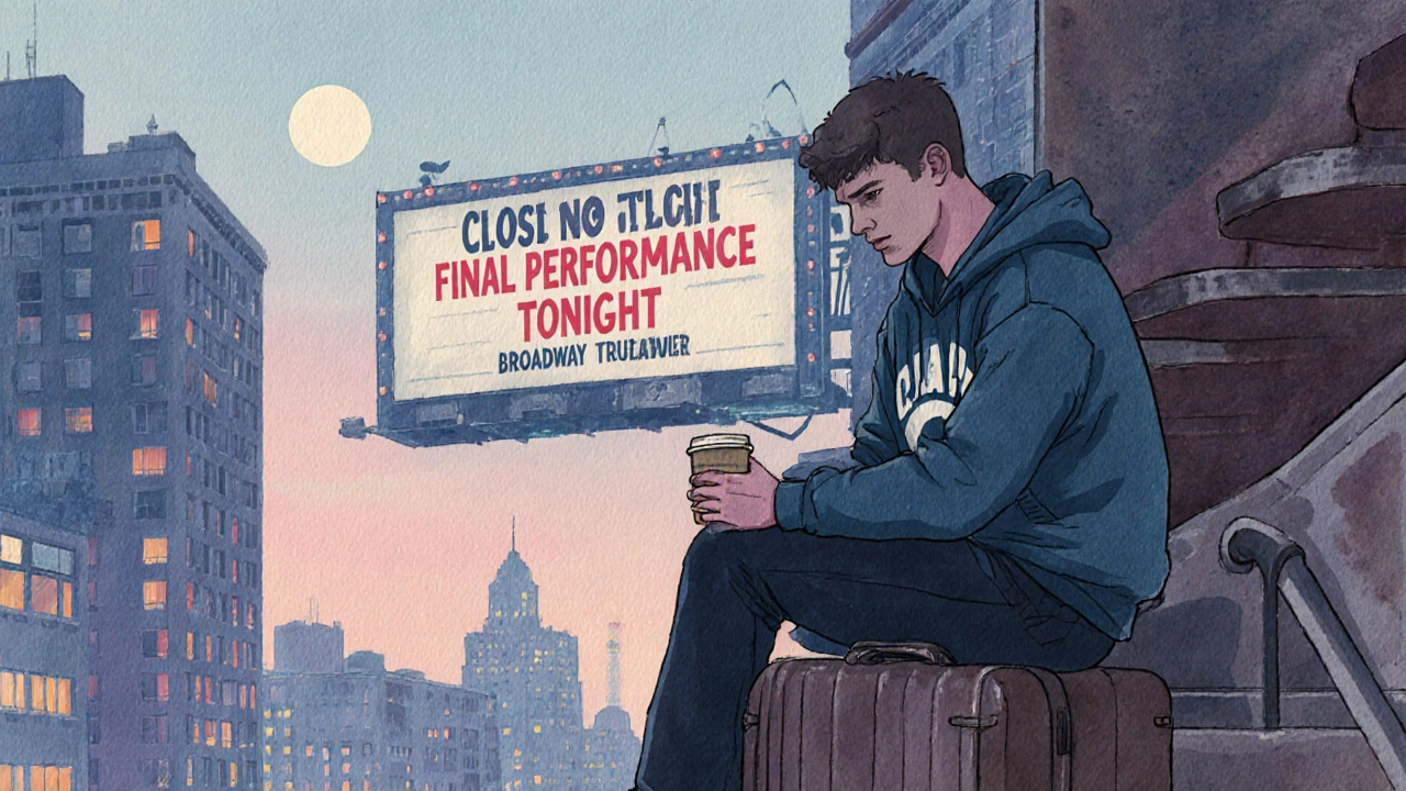 Actor sitting on fire escape at dawn with theater hoodie and coffee cup