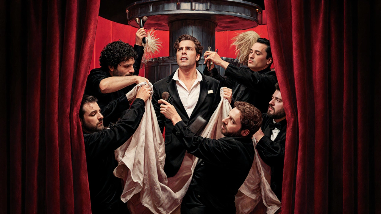 Backstage crew rapidly changing an actor’s costume during intermission behind velvet curtains.