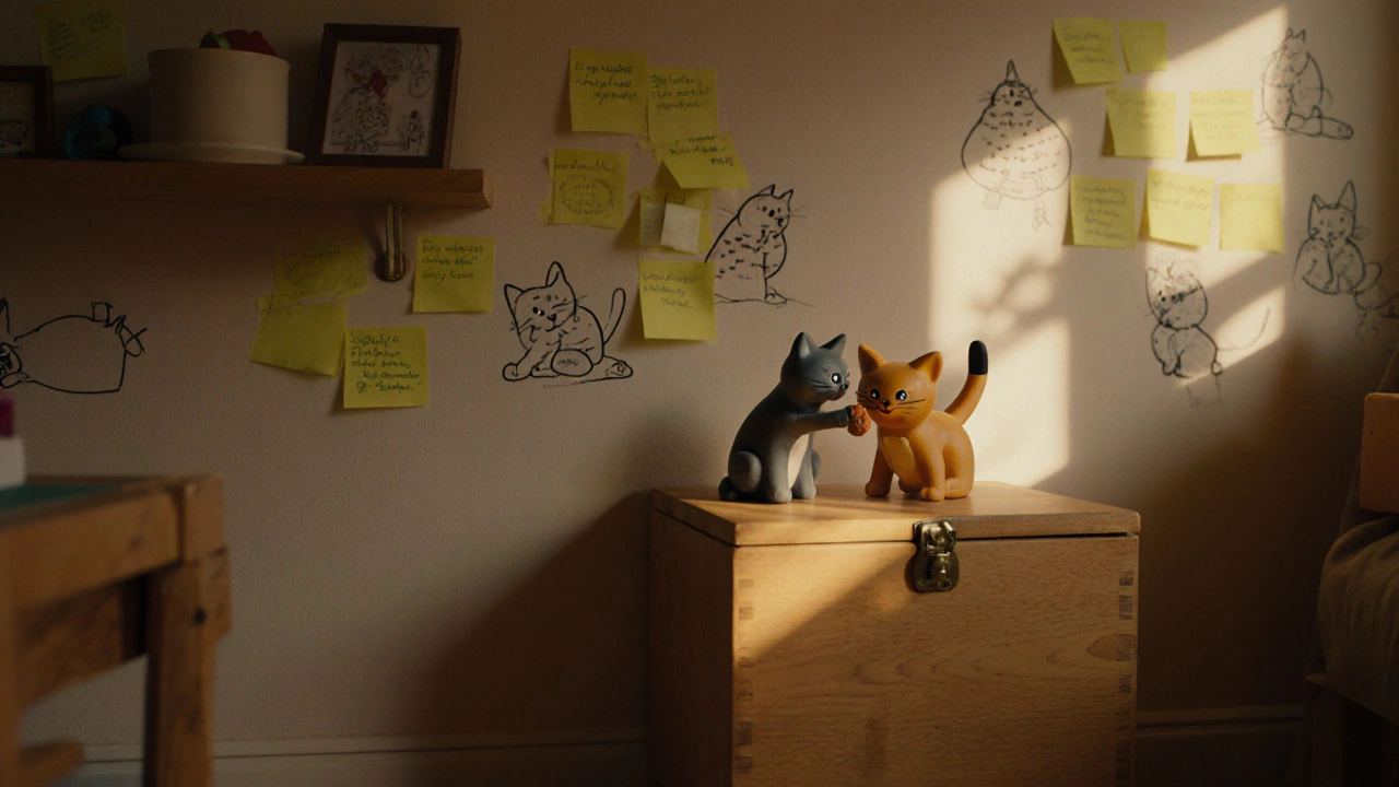 Children feed a toy cat with treats in a cat-themed escape room with sticky-note cartoon clues.